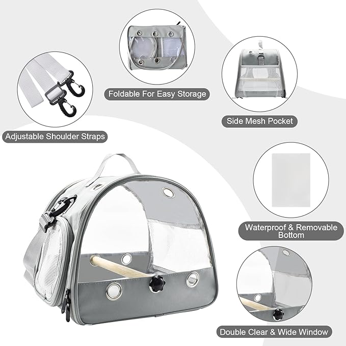 Bird Travel Carrier with Standing Perch,Lightweight Breathable Parrot Cage, Small Pet Carrier Bag with Shoulder Strap,Bird Rat Guinea Pig Squirrel Carrier (Grey)