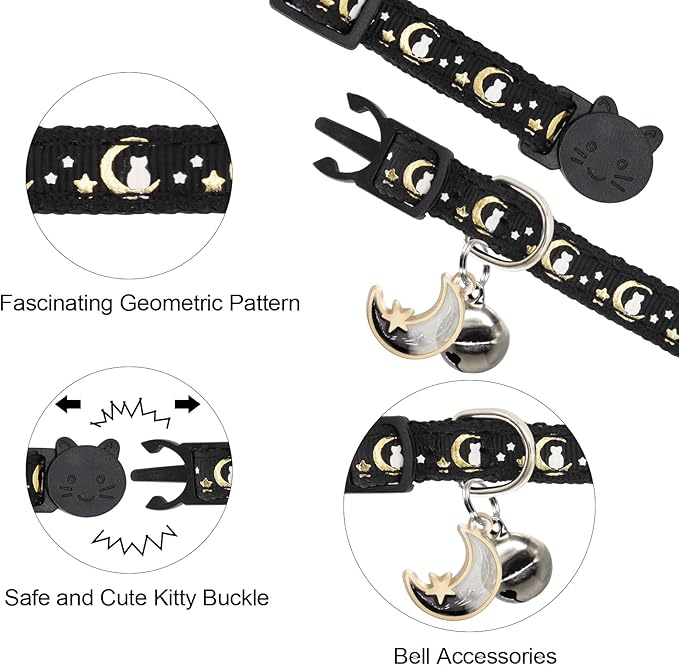 2 Pack Breakaway Cat Collar with Bells, Adjustable Moon and Star Kitten Safety Collars for Boys & Girls, Black+Orange