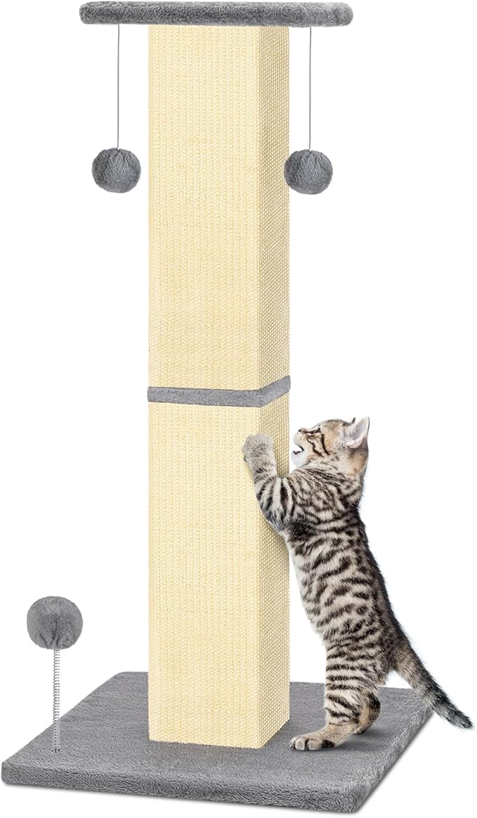 33" Tall Cat Scratching Post, Heavy Duty and Thicker Cat Scratching Post,Large Cat Scratcher with Two Hanging Ball for Indoor Cats and Adult,Sisal Cat Scratcher Protect Your Furniture(Grey)