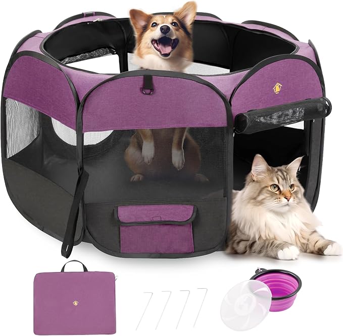 Pet Puppy Dog Playpen, kitten Playpen Indoor/Outdoor, Portable Dog Play Pen Tent Crates Cage for Medium Dog and Cat, Foldable Pop Up Dog Kennel Playpen with Waterproof Bottom & Top Cover, Purple