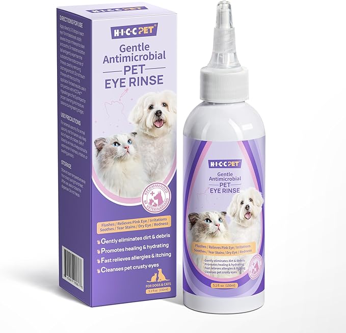 HICC PET Eye Drops for Dogs and Cats, 5.1oz Dog and Cat Eye Rinse, Gentle Formula to Soothe Eye Infection Allergy, Dog Tear Stain Cleaner, Safe for All Animals