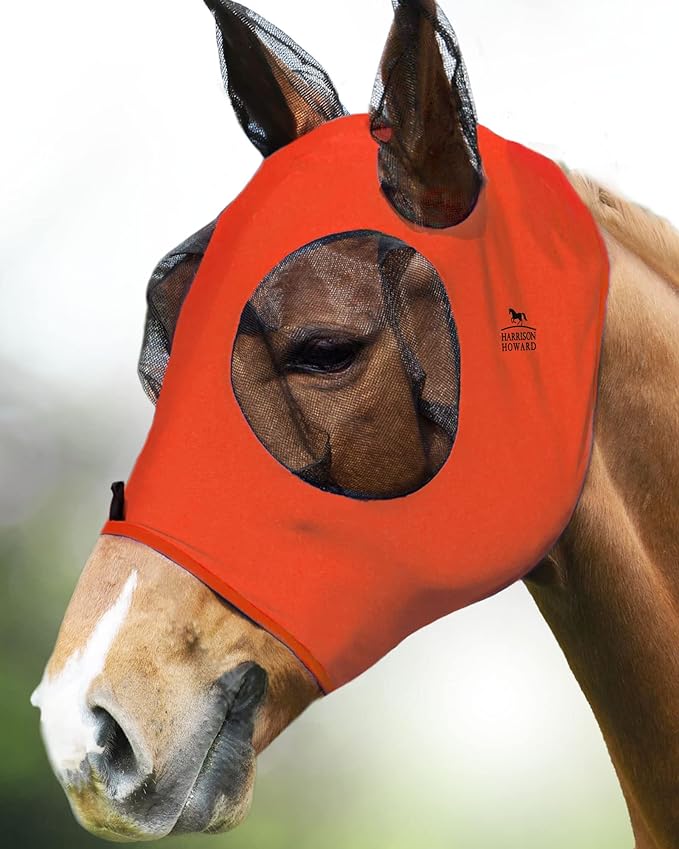Harrison Howard Super Comfort Stretchy Fly Mask Large Eye Space with UV Protection Soft on Skin with Breathability Vibrant Orange XL