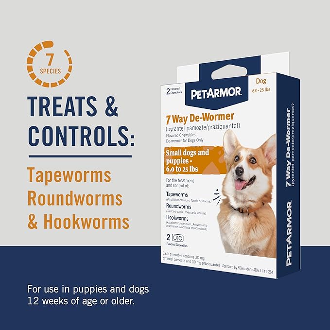 PetArmor 7 Way De-Wormer for Dogs, Oral Treatment for Tapeworm, Roundworm & Hookworm in Small Dogs & Puppies (6-25 lbs), Worm Remover (Praziquantel & Pyrantel Pamoate), 2 Flavored Chewables