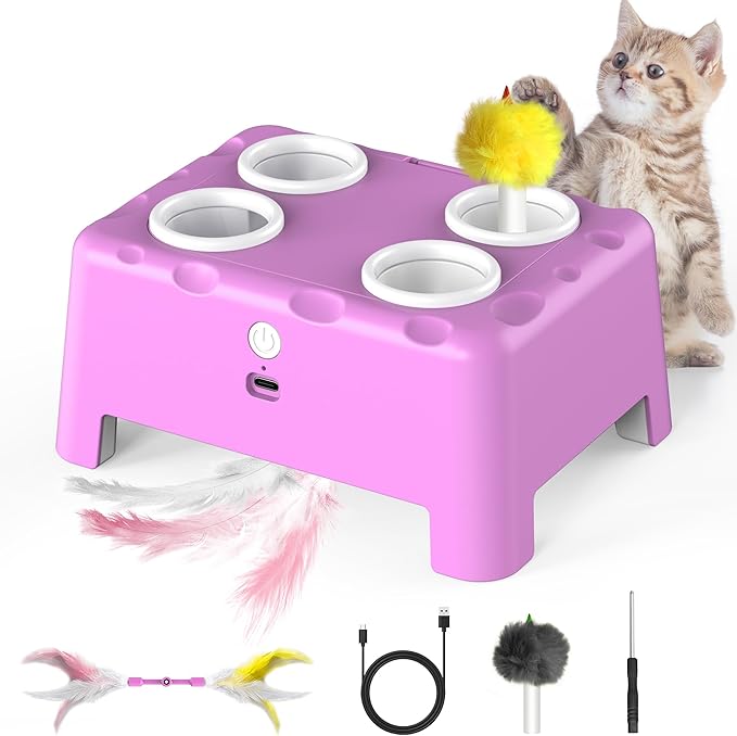 Interactive Cat Toys, 2-in-1 Automatic Cat Toy, 4 Holes Mice Whack A Mole Cat Mouse Toy with Moving Feather, Portable USB Rechargeable Electronic Kitten Toys Pink