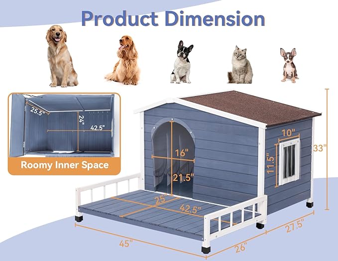 Petsfit Large Dog House with Terrace & Openable Asphalt Roof, 45" L x 54" W x33 H, XL Dog House Outdoor with Elevated Floor, Window & Door Flap, Outdoor Dog House for Large Dogs