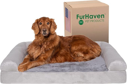 Furhaven Orthopedic Dog Bed for Large Dogs w/ Removable Bolsters & Washable Cover, For Dogs Up to 95 lbs - Faux Fur & Velvet Sofa - Smoke Gray, Jumbo/XL