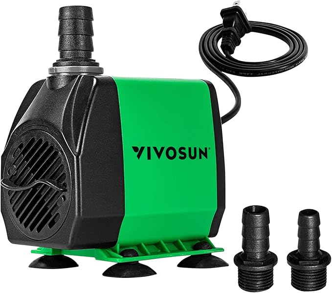 VIVOSUN 800GPH Submersible Pump(3000L/H, 24W), Ultra Quiet Water Fountain Pump with 10ft. High Lift with 6.5ft. Power Cord, 3 Nozzles for Fish Tank, Pond, Aquarium, Statuary, Hydroponics Green