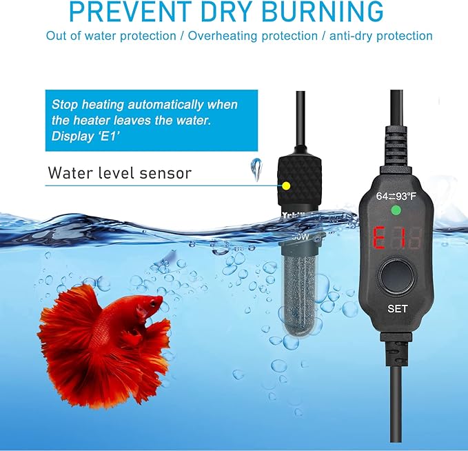 YukiHalu Small Submersible Aquarium Heater, Adjustable Mini Fish Tank Heater 25W 50W 100W 200W 300W with External Temperature Controller, LED Display, Used for 5/10/20/40/60 Gallons (50 Watts)