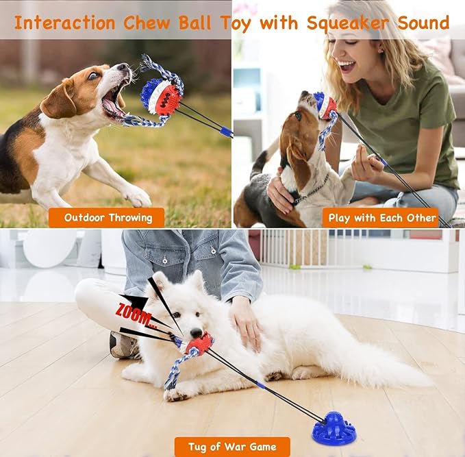 Suction Cup Dog Toy for Aggressive Chewers，Dog Rope Ball Interactive Tug of War Toy, Puppy Tug Toy Squeaky Ball Puzzle Toys for Teeth Cleaning Toys for Small Medium Large Dog