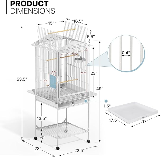 MoNiBloom 54 Inch Bird Cage w/Acrylic Door, Open Top Roof Birdcage for Finches Canaries Lovebirds Medium Small Parrots, Flight Birdcage w/Rolling Stand, White