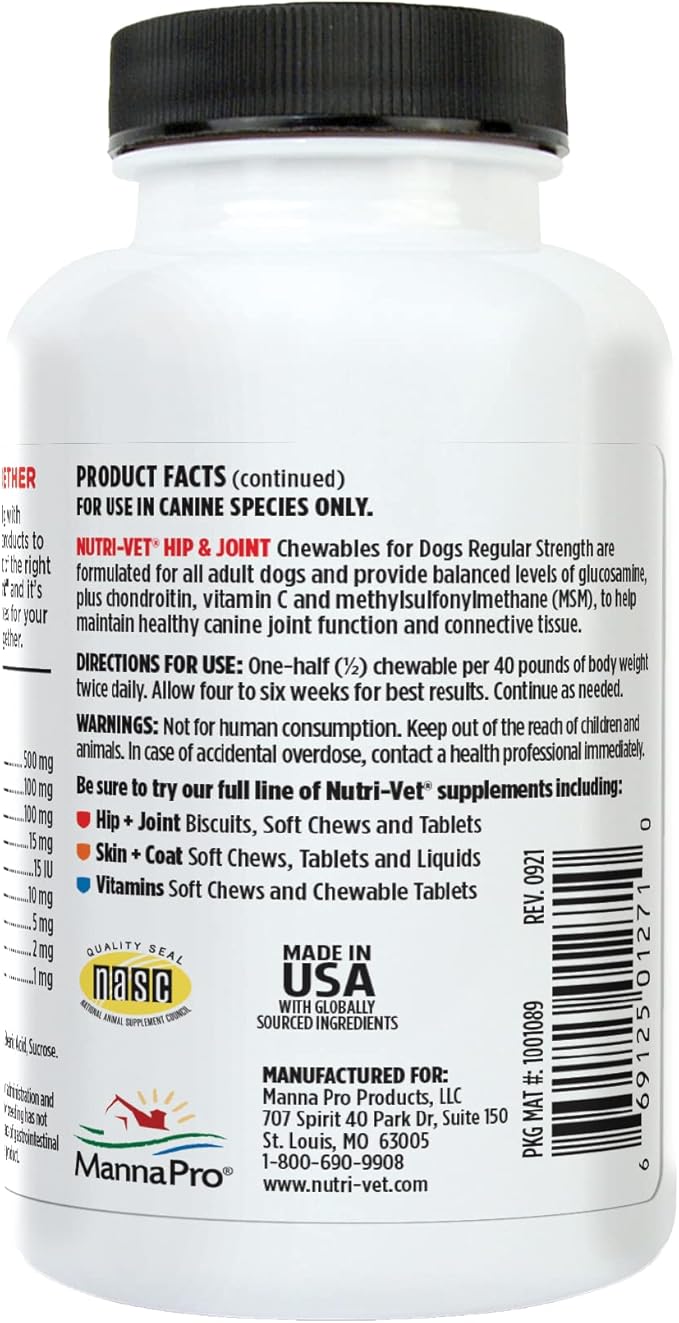 Nutri-Vet Hip & Joint Chewable Dog Supplements | Formulated with Glucosamine & Chondroitin for Dogs | 75 Count