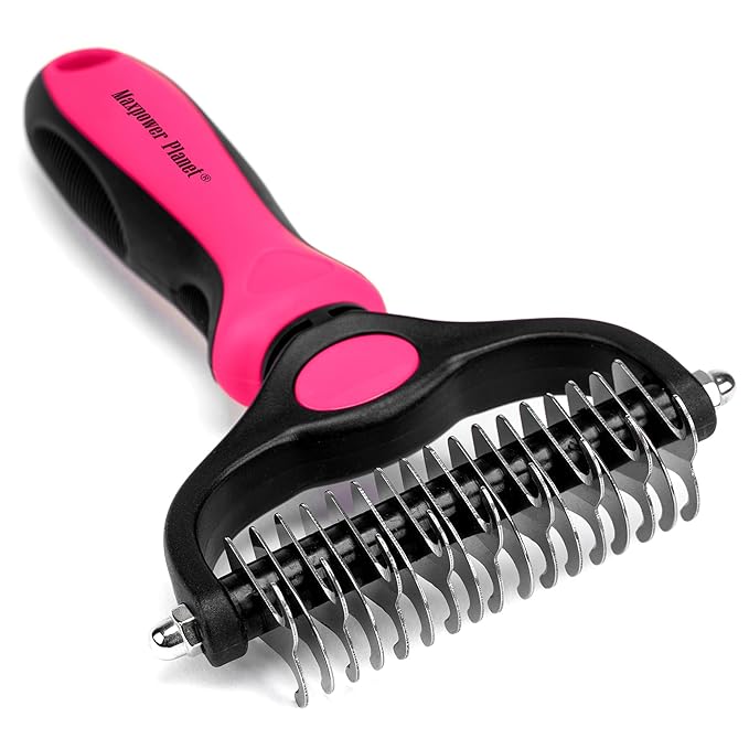 Maxpower Planet Pet Grooming Brush - Double Sided Shedding, Dematting Undercoat Rake for Dogs, Cats - Extra Wide Dog Grooming Brush, Dog Brush for Shedding, Cat Brush, Reduce Shedding by 95%, Pink