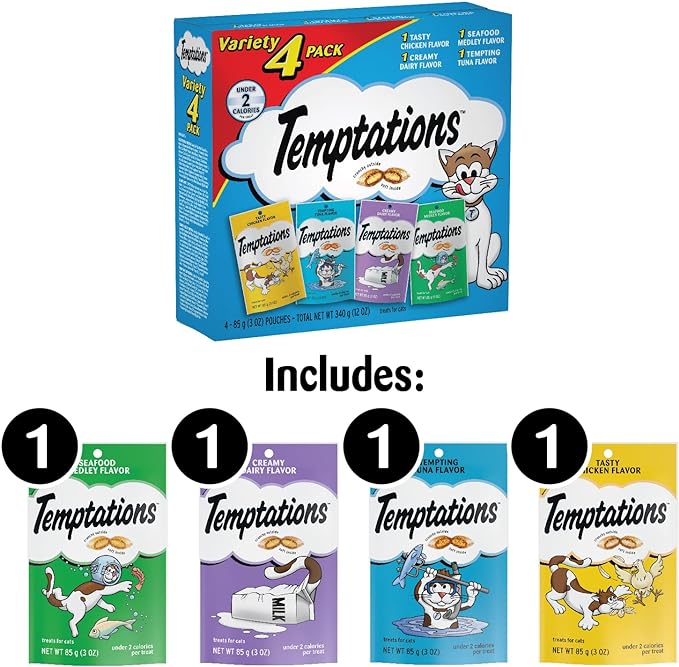 TEMPTATIONS Classic Crunchy and Soft Cat Treats Feline Favorite Variety Pack, 4 Count (Pack of 1)