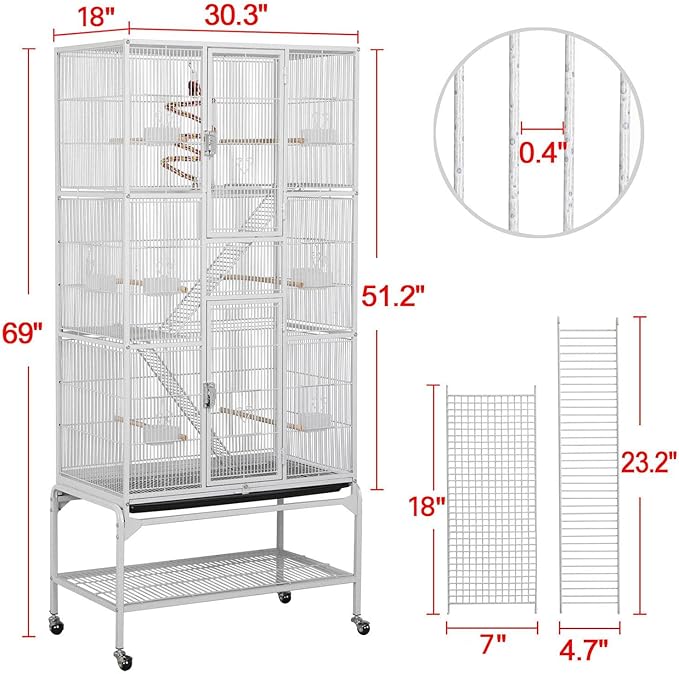 Yaheetech 69'' Extra Large Bird Cage Metal Parrot Cage w/Detachable Stand for Mid-Sized Parrots Cockatiels Conures Parakeets Lovebirds Budgie Finch, White