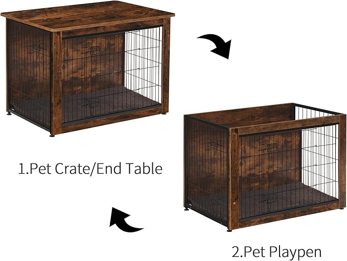 DWANTON Dog Crate Furniture with Cushion, Wooden Dog Crate Table, Double Doors Dog Furniture, Indoor Dog Kennel, Dog House, Dog Cage Large, 38.5" L, Rustic Brown