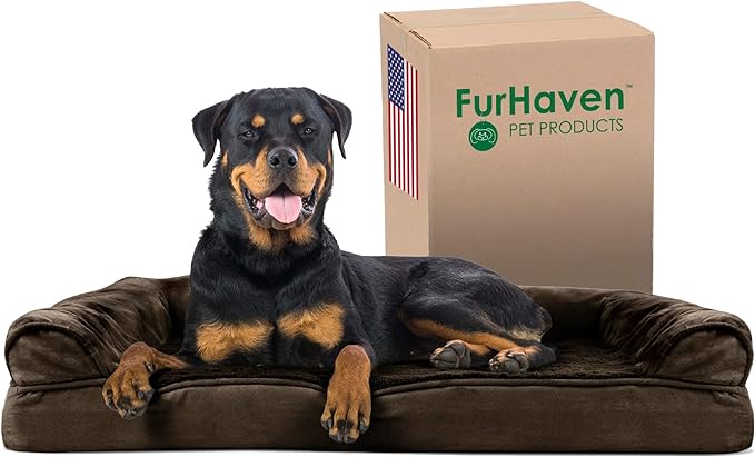 Furhaven Orthopedic Dog Bed for Large Dogs w/ Removable Bolsters & Washable Cover, For Dogs Up to 95 lbs - Plush & Suede Sofa - Espresso, Jumbo/XL