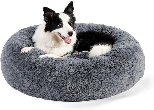 Bedsure Calming Dog Bed for Large Dogs - Donut Washable Large Pet Bed, 36 inches Anti Anxiety Round Fluffy Plush Faux Fur Dog Bed, Fits up to 100 lbs Pets, Dark Grey