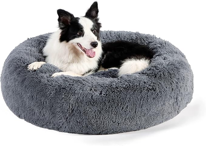 Bedsure Calming Dog Bed for Large Dogs - Donut Washable Large Pet Bed, 36 inches Anti Anxiety Round Fluffy Plush Faux Fur Dog Bed, Fits up to 100 lbs Pets, Dark Grey