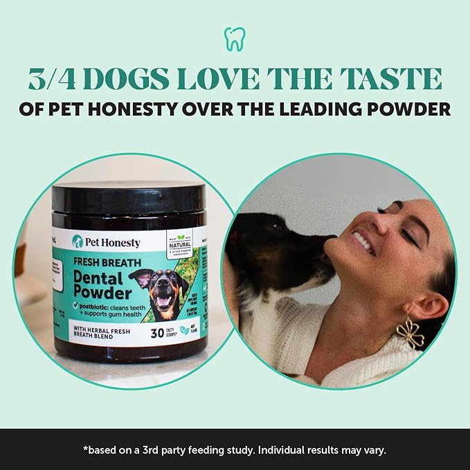 Pet Honesty Dog Breath Freshener Dental Powder for Teeth Cleaning Plaque Off, Dental Care for Dogs, Tartar Remover for Teeth with Natural Herbal Blend + Postbiotcs (30 scoops)