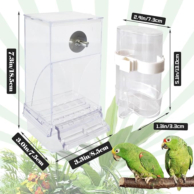 kathson No Mess Bird Feeder Water Dispenser Set,Automatic Parakeet Feeders Drinker Cage Acrylic Parrot Seed Food Dispenser Container Accessories for Small Lovebirds Canary Budgies Finch Squirrel(2Pcs)