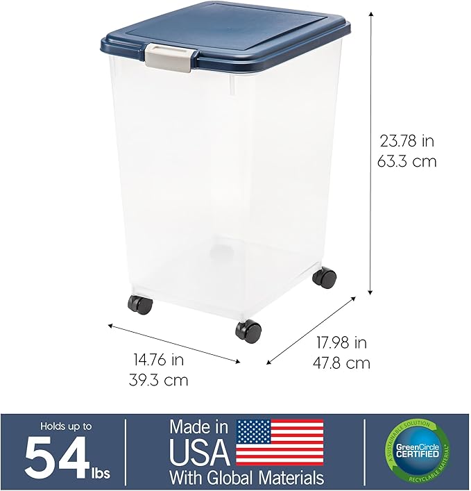 IRIS USA WeatherPro Airtight Dog Food Storage Container, Up to 54 lbs, Attachable Wheels, For Dog Cat Bird and Other Pet Food Storage Bin, Keep Fresh, Translucent Body, Easy Mobility, Navy