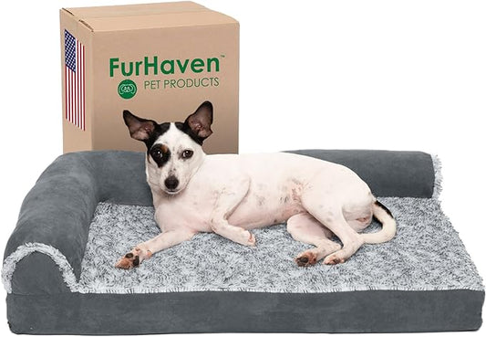 Furhaven Memory Foam Dog Bed for Medium/Small Dogs w/ Removable Bolsters & Washable Cover, Up to 35 lbs - Two-Tone Plush Faux Fur & Suede L Shaped Chaise - Stone Gray, Medium, 30.0"L x 20.0"W x 6.0"Th