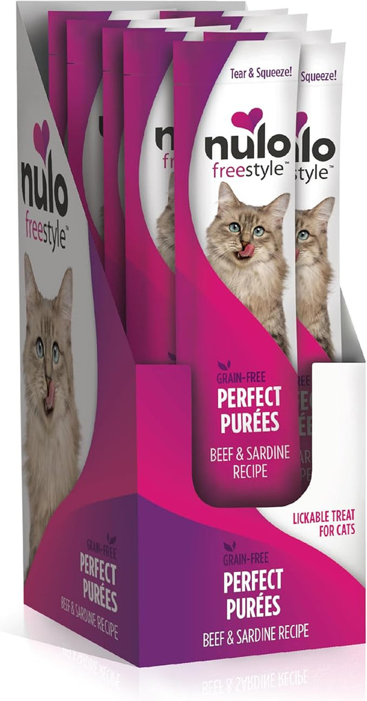 Nulo Freestyle Grain-Free Perfect Purees Premium Wet Cat Treats, Squeezable Meal Topper for Felines, High Moisture Content to Support Cat Hydration, 0.5 Ounce, Beef & Sardine