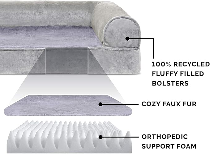 Furhaven Orthopedic Dog Bed for Large/Medium Dogs w/ Removable Bolsters & Washable Cover, For Dogs Up to 55 lbs - Faux Fur & Velvet Sofa - Smoke Gray, Large