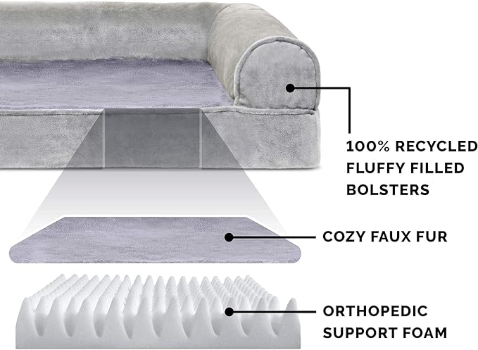 Furhaven Orthopedic Dog Bed for Large Dogs w/ Removable Bolsters & Washable Cover, For Dogs Up to 95 lbs - Faux Fur & Velvet Sofa - Smoke Gray, Jumbo/XL
