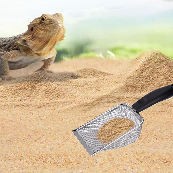 Reptile Sand Substrate Scoop Reptile Sand Fine Mesh Reptile Scooper Stainless Steel Terrarium Substrate Sand Bedding Litter Cleaner Scoop and Reptile Long Feeding Tongs Set (Black-2mm)