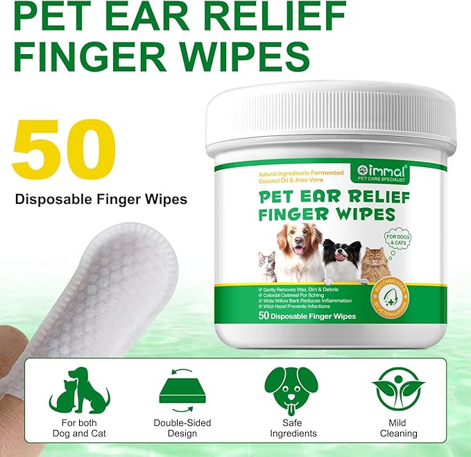 Ear Finger Wipes for Dogs & Cats-50 Pads Disposable Ear Wipes Biodegradable Remove Ear Wax, Debris-Sooths & Deodorizes-Relieve Ear Itching & Inflammation-Stops Head Shaking Dog Ear Cleaner