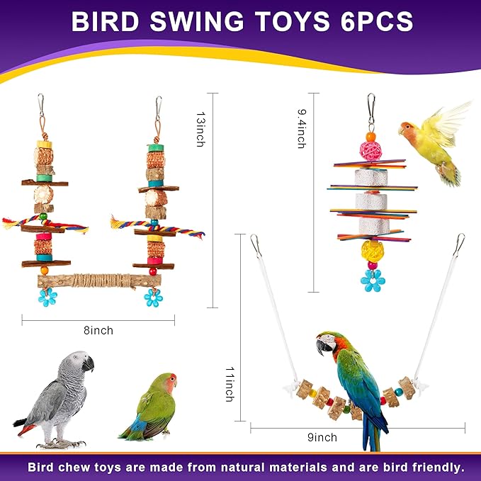 Bird Swing Parakeet Chewing Toys 6PCS - Parrot Cage Accessories Stuff, Natural Wooden Foraging Chew Toys for Budgerigars, Conure, Cockatiel, Finch, Lovebirds, Perches for Medium, Small Birds