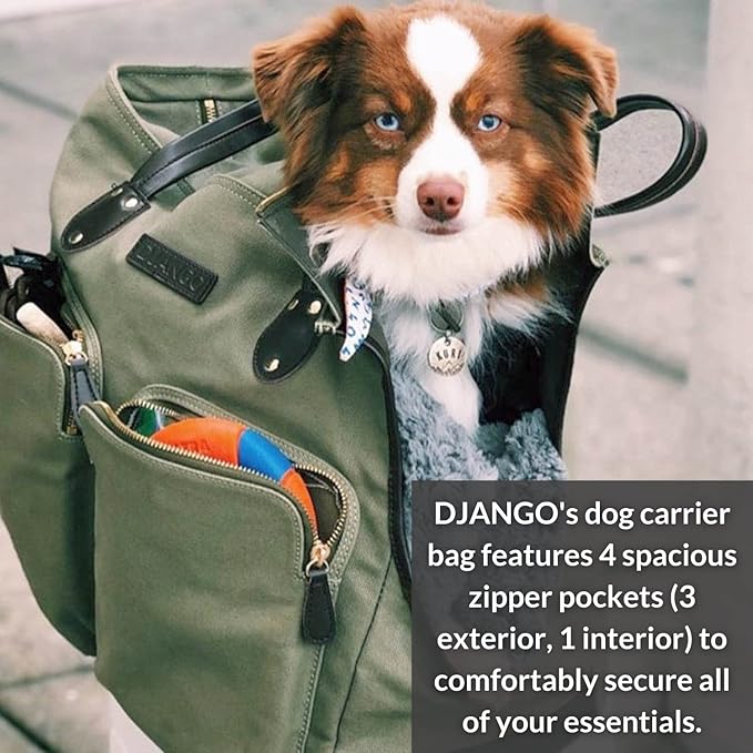 DJANGO Dog Carrier Bag - Waxed Canvas and Leather Soft-Sided Pet Travel Tote with Bag-to-Harness Safety Tether & Secure Zipper Pockets (Medium, Olive Green)