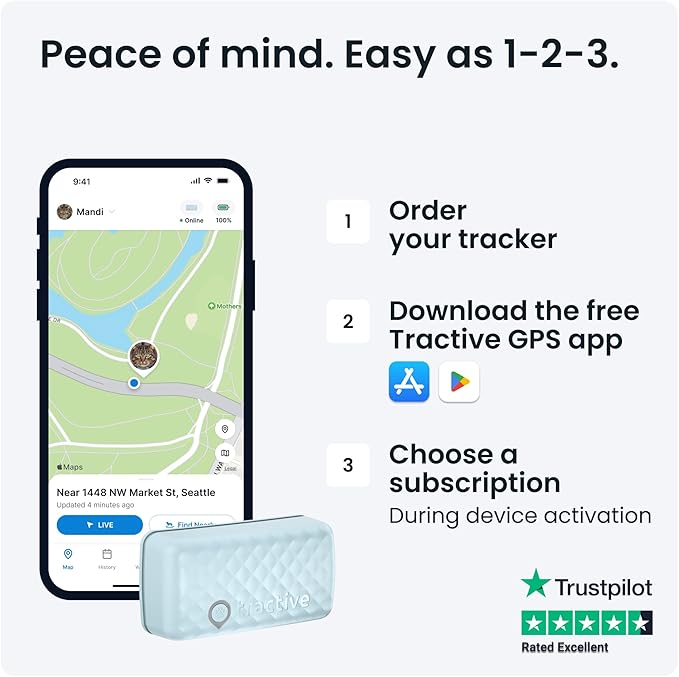 Tractive GPS Tracker & Health Monitoring for Cats (6.5 lbs+) - Market Leading Pet GPS Location Tracker | Wellness & Escape Alerts | Waterproof | Works with Any Collar (Mint)