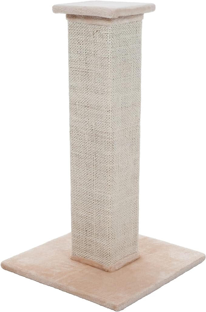 Cat Scratching Post with Carpeted Base - 27.75-Inch Sisal Burlap Fabric Scratcher - Furniture Scratching Deterrent for Indoor Cats by PETMAKER (Beige)