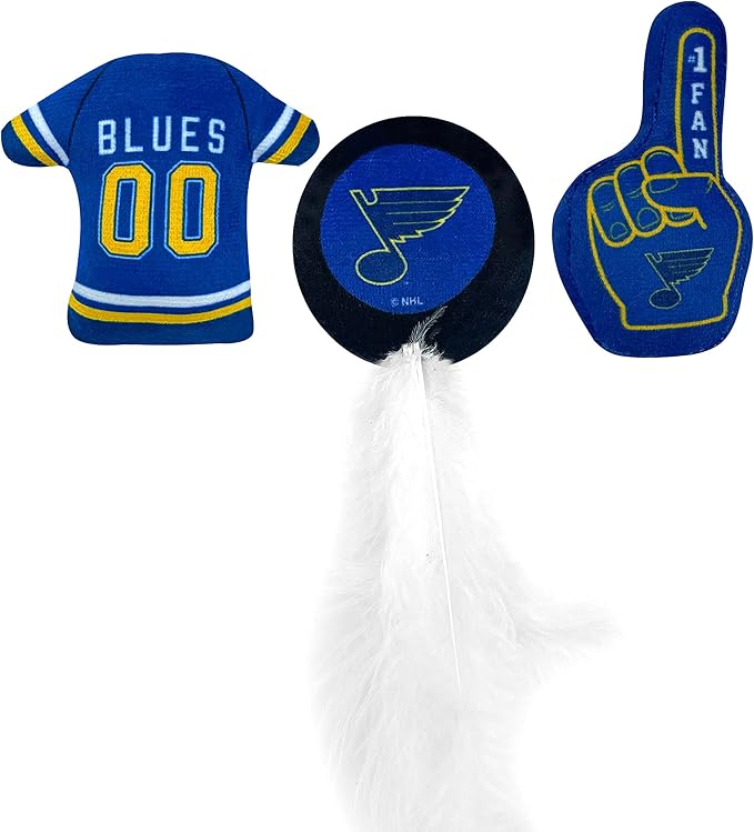 BEST PLUSH CAT TOY NHL ST LOUIS BLUES Complete Set of 3 piece Cat Toys filled with Fresh Catnip. Includes: 1 Jersey Cat Toy, 1 Hockey Puck Cat Toy with Feathers & 1 #1 Fan Cat Toy. Beautiful Team LOGO