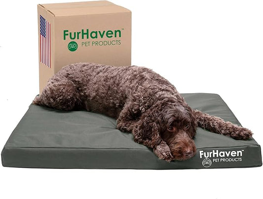 Furhaven Water-Resistant Orthopedic Dog Bed for Large/Medium Dogs w/ Removable Washable Cover, For Dogs Up to 55 lbs - Indoor/Outdoor Logo Print Oxford Polycanvas Mattress - Stone Gray, Large