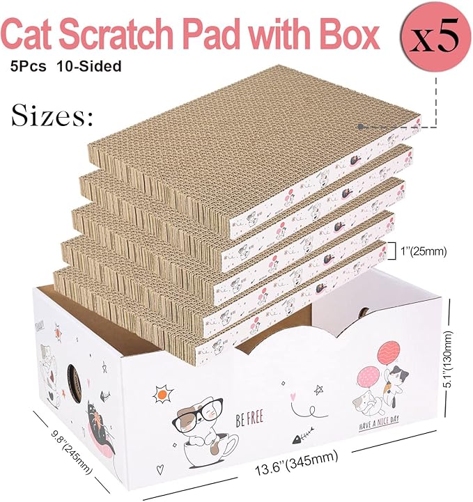 5 Packs in 1 Cat Scratch Pad with Box, Cat Scratcher Cardboard,Reversible,Durable Recyclable Cardboard, Suitable for Cats to Rest, Grind Claws and Play with Scratch Box