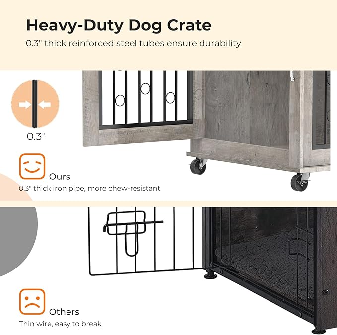 Furniture Style Dog Crate End Table with Sliding Barn Door, Indoor Dog Kennel Furniture with Removable Divider for 2 Small to Medium Pets, Grey, 39.37''W×25.2''D×28.94''H