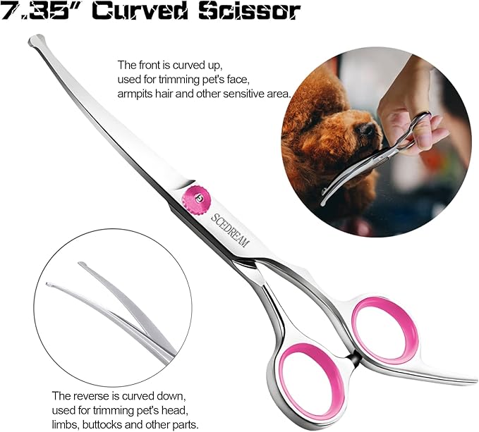 Dog Grooming Scissors with Safety Round Tips 5 in 1 Dog Scissors for Grooming 4CR Stainless Steel Grooming Scissors for Dogs and Cats, Professional Pet Grooming Shears, Pink