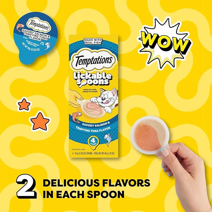 Temptations Lickable Spoons Adult Wet Cat Treat, Savory Salmon and Tempting Tuna Flavor, 10 Grams, Pack of 24 (96 Total Treats)