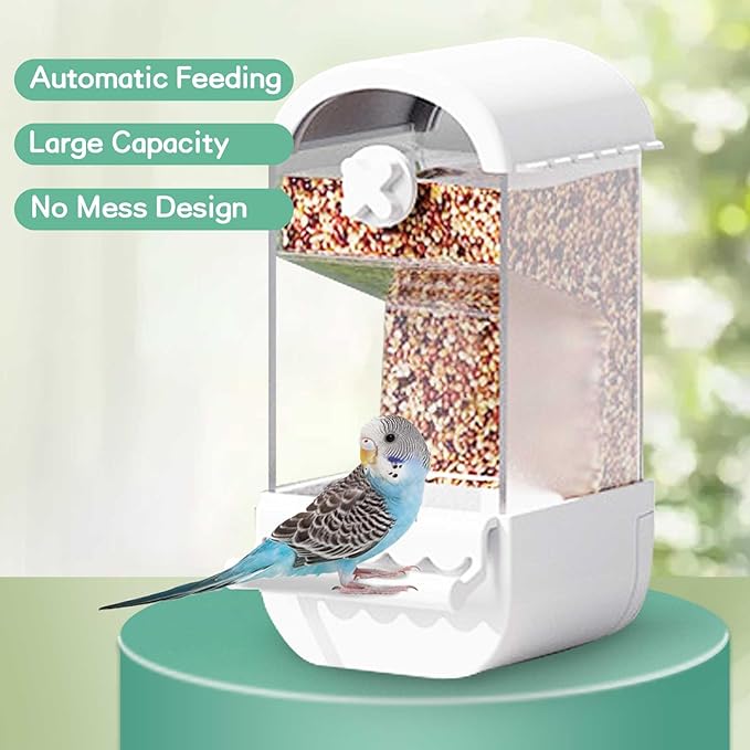 Automatic Bird Feeder for Cage 5Pcs No Mess Parrot Feeder Transparent Acrylic Seed Food Container Cage Accessories with Ball Toy for Small and Medium Parakeets Lovebirds (White)