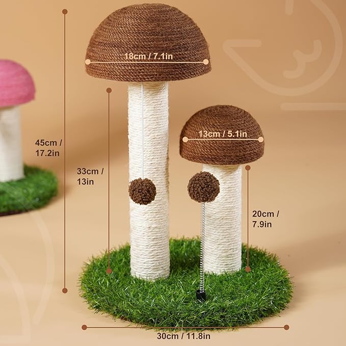 Odoland Cat Scratching Post Mushroom Natural Durable Sisal Board Scratcher for Kitty’s Health and Good Behavior, Furniture Scratch Deterrent Accessories for Cats Brown