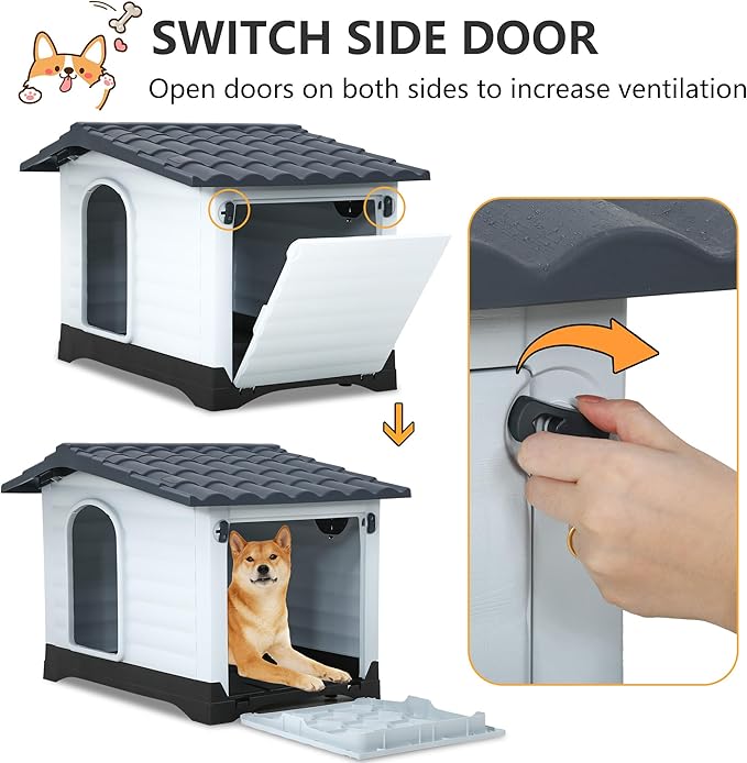 FDW Dog House Indoor Outdoor Durable House with Weatherproof Pet Plastic Dog House for Dogs Cats with Air Vents and Elevated Floor