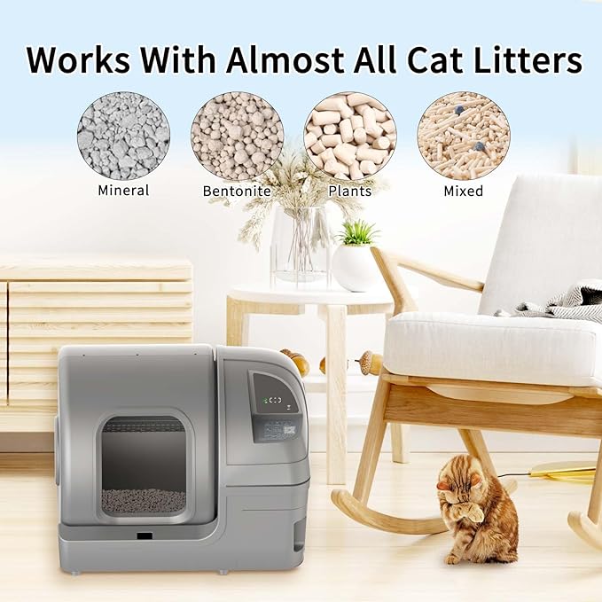 Automatic Cat Litter Box Self Cleaning 100L Extra Large Cat Litter Box with APP Control(2.4G/5G Wi-Fi) & Safe Alert & Smart Health Monitor, Odor Removal Litter Box for Multiple Cats, Grey