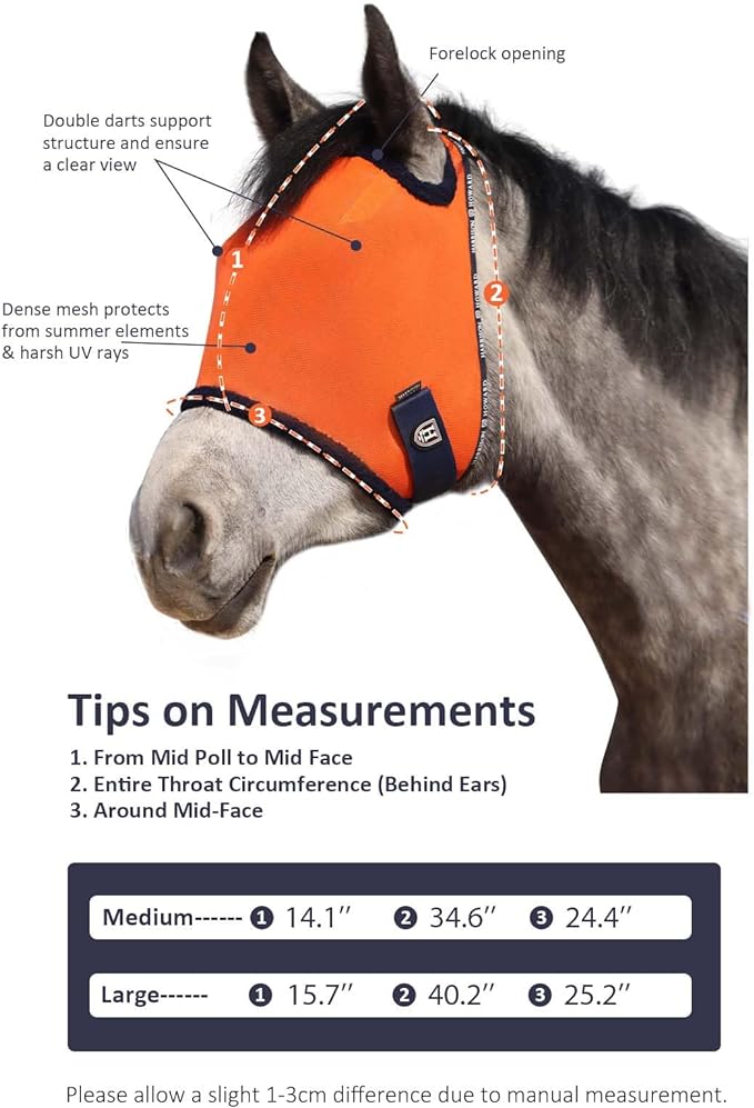 Harrison Howard All Round Mesh Horse Fly Mask UV Protective with Fleece Padded Edging Vibrant Orange L