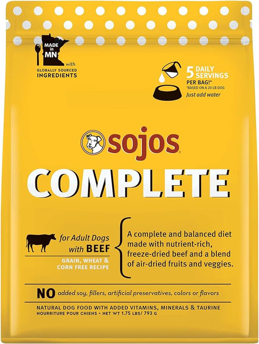 Sojos Complete Beef Recipe Adult Grain-Free Freeze-Dried Raw Dog Food, 1.75 Pound Bag