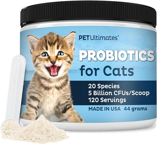 Pet Ultimates Probiotics for Cats – 20-Species Cat Probiotic Powder to Treat Diarrhea, Vomiting, Digestive Support & Cat Antibiotics Recovery – Cat Health Supplies (44 gr)