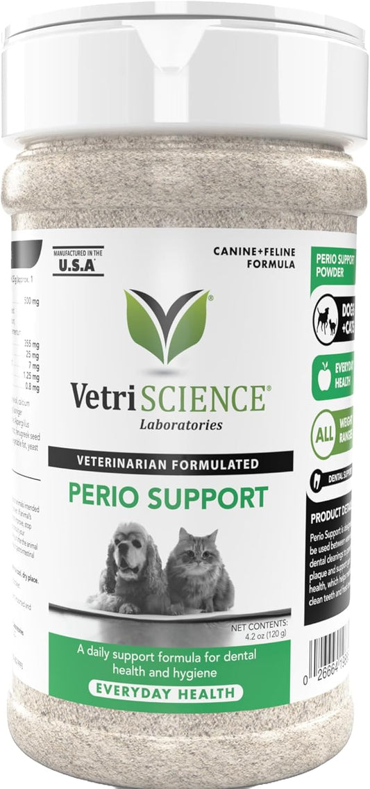 VetriScience Perio Support Cat & Dog Teeth Cleaning Dental Powder, 4.2oz - Cat & Dog Breath Freshener - Clinically Proven Plaque and Tartar Support