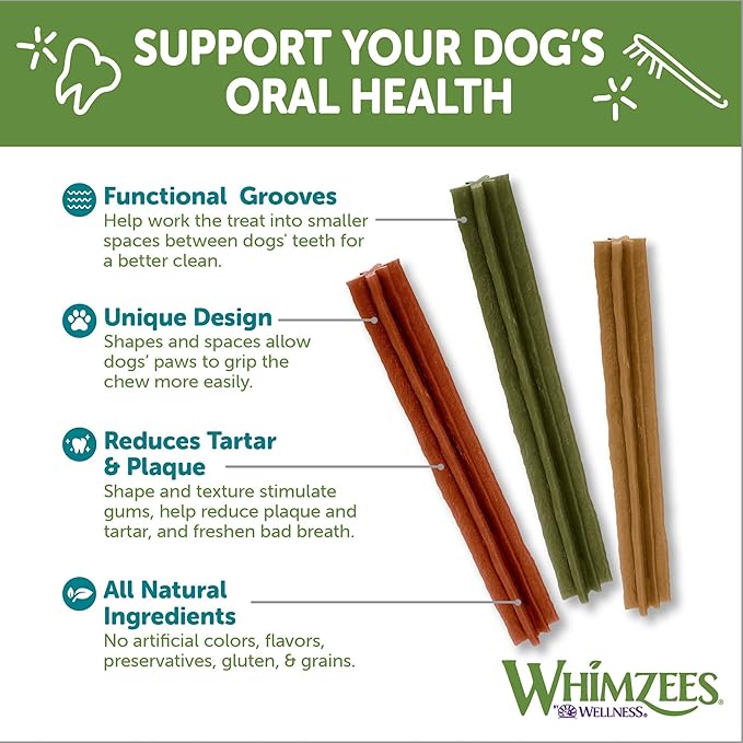 WHIMZEES by Wellness Dental Chews for Dogs, Natural, Long Lasting Treats for Cleaner Teeth & Fresher Breath, Grain Free & Hypoallergenic, 28 Chews